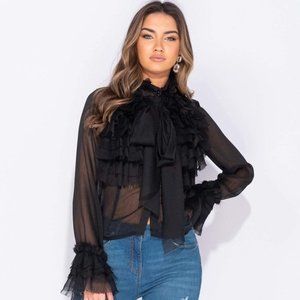 Frilly Black Mesh Blouse long sleeve button up top with pussybow a lavallIiere